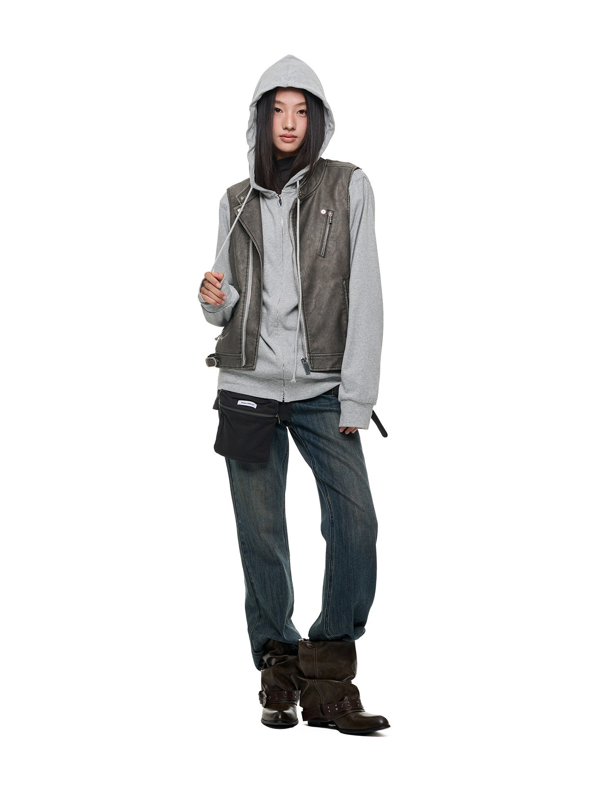 LEATHER PANEL MOCK LAYER HOODIE
