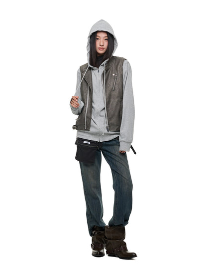 LEATHER PANEL MOCK LAYER HOODIE