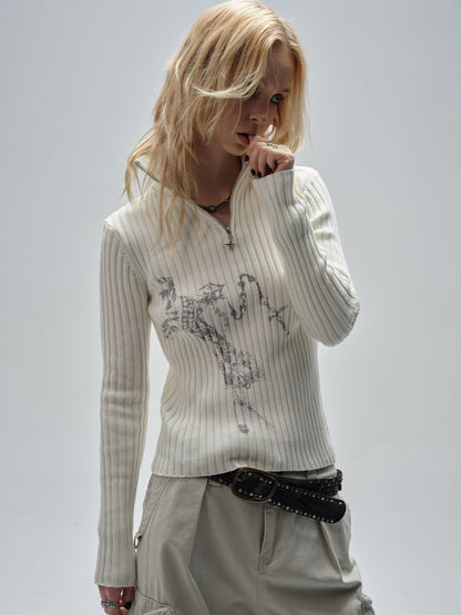 VERTICAL TEXTURE ZIP TURTLENECK TOP