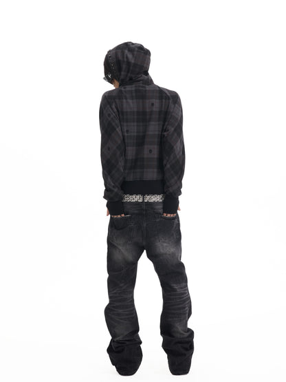 PLAID RIVET HOODED SWEATSHIRT
