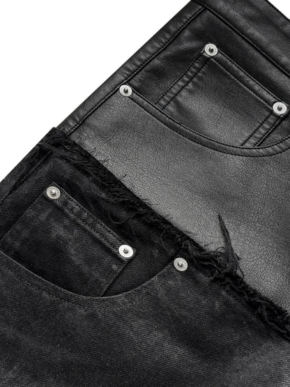 DOUBLE WAIST PU PATCHWORK JEANS