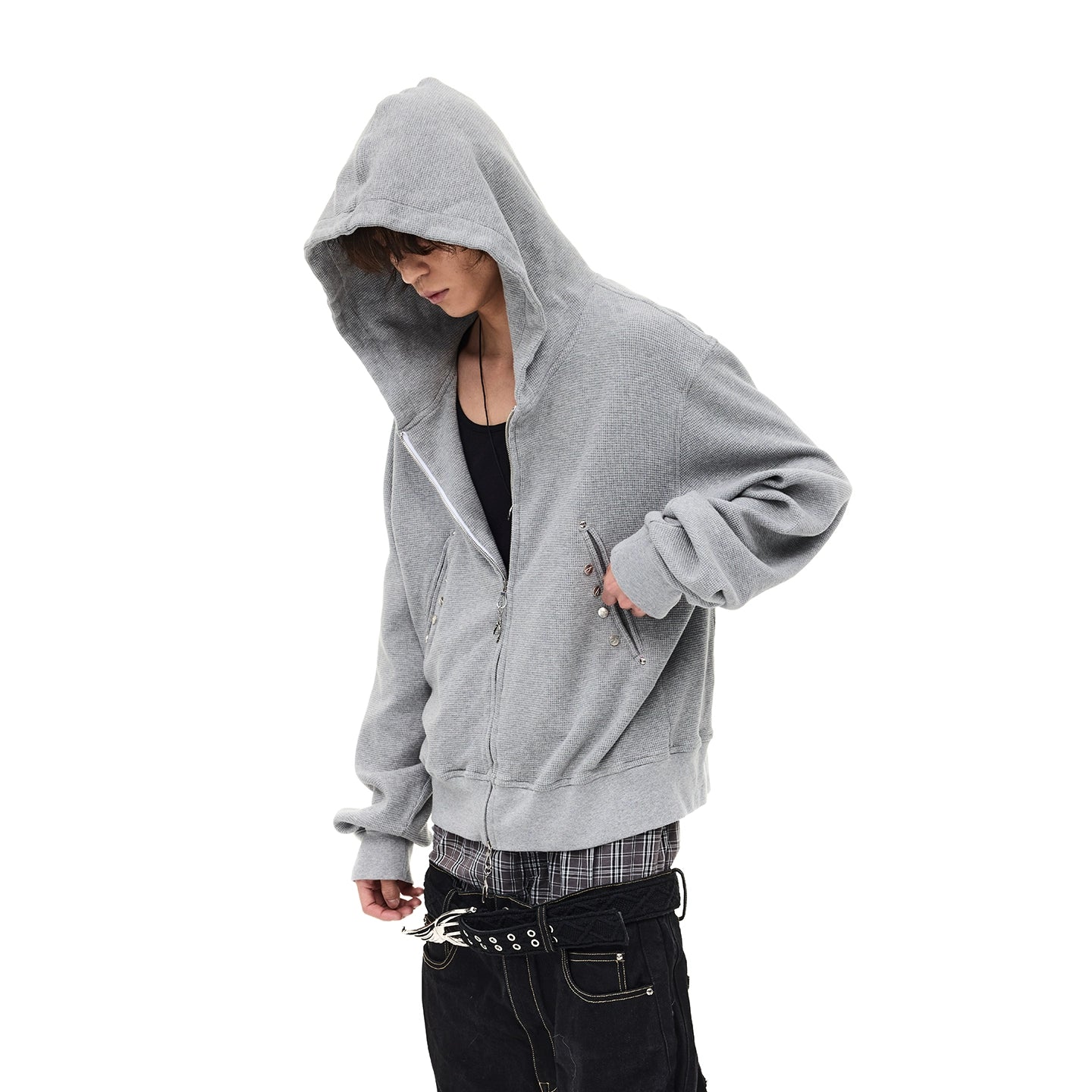 DISTRESSED WAFFLE STUDDED HOODIE