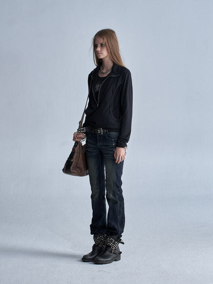 SHINY STAND COLLAR FAUX ZIP TOP