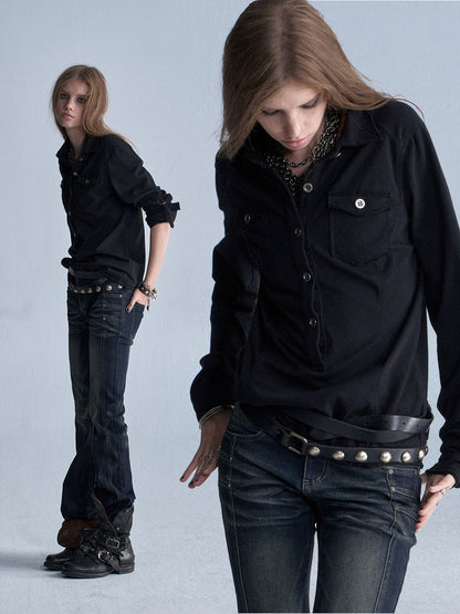 WASHED BUCKLE SLEEVE KNIT SHIRT