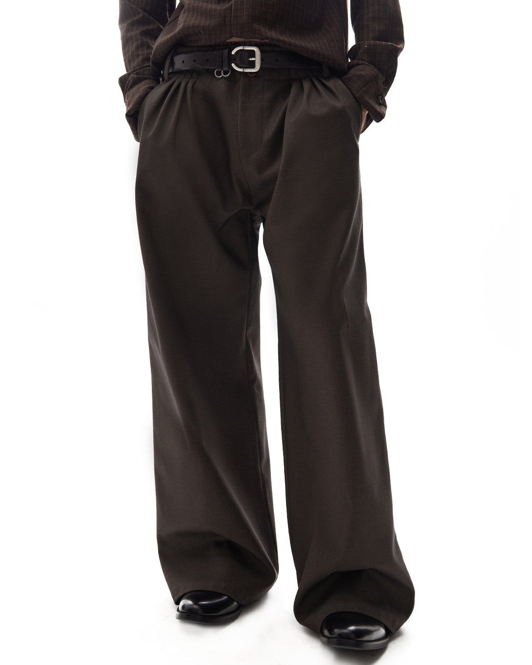 BROWN CHECK PLEATED WIDE TROUSERS