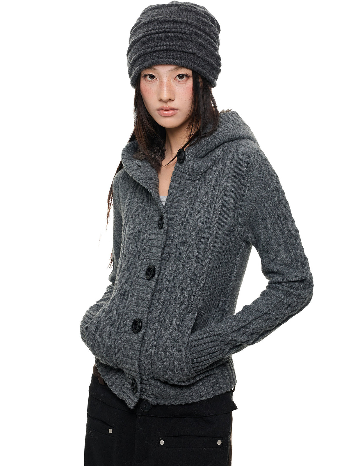 NOIR TWIST HOODED CABLE CARDIGAN