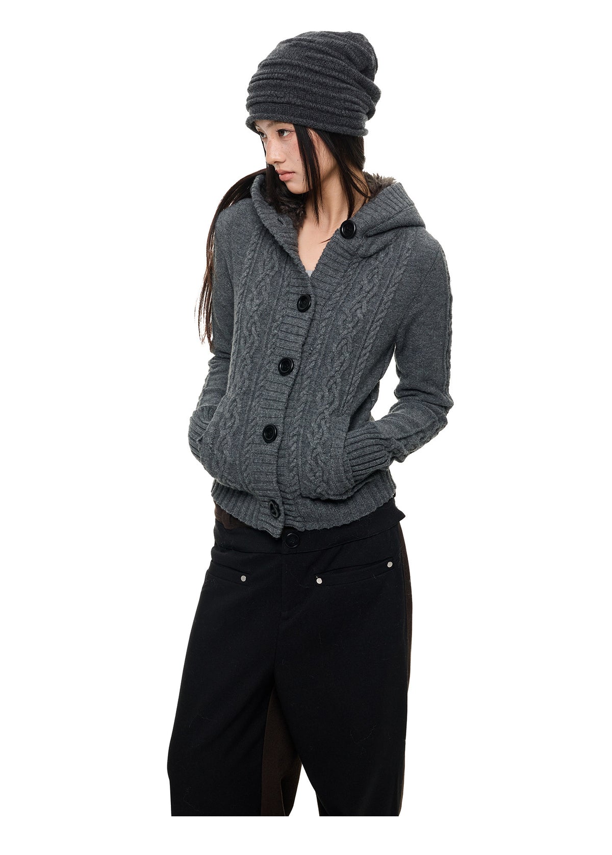 NOIR TWIST HOODED CABLE CARDIGAN