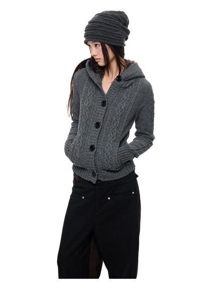NOIR TWIST HOODED CABLE CARDIGAN