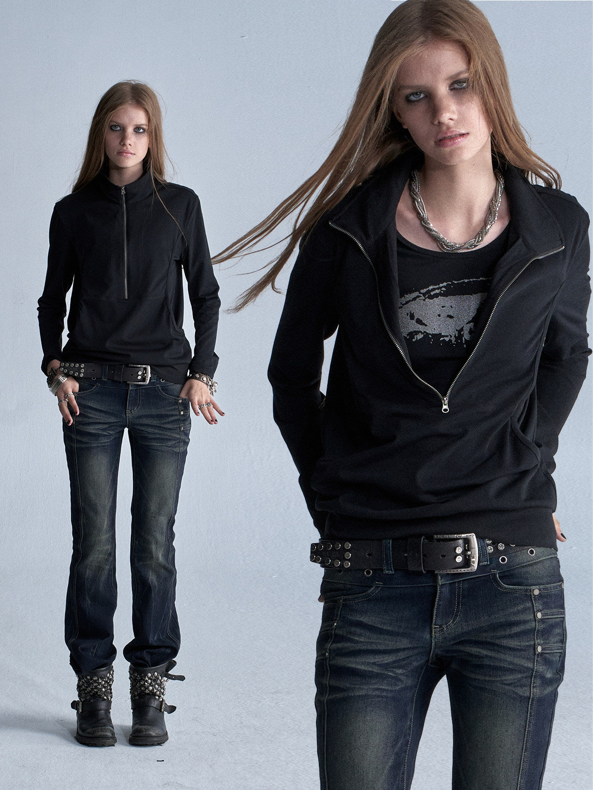 SHINY STAND COLLAR FAUX ZIP TOP