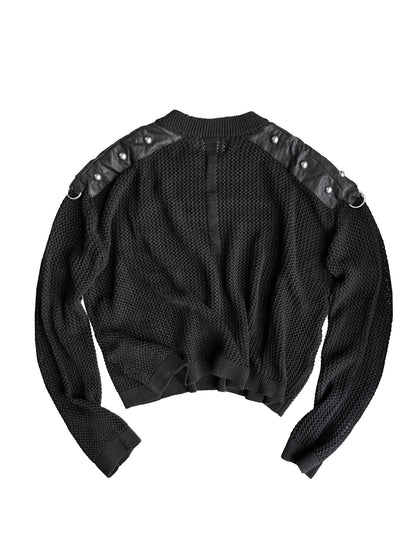RIVETED ZIP LEATHER KNIT PULLOVER
