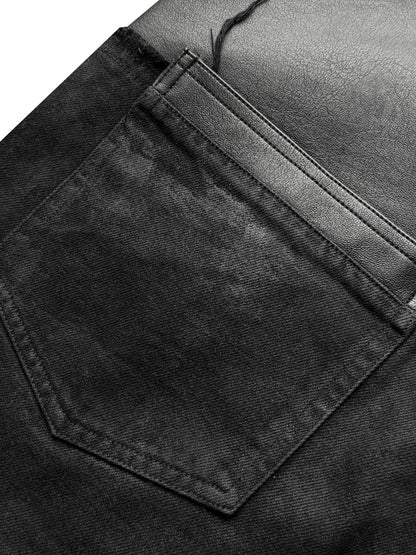 DOUBLE WAIST PU PATCHWORK JEANS