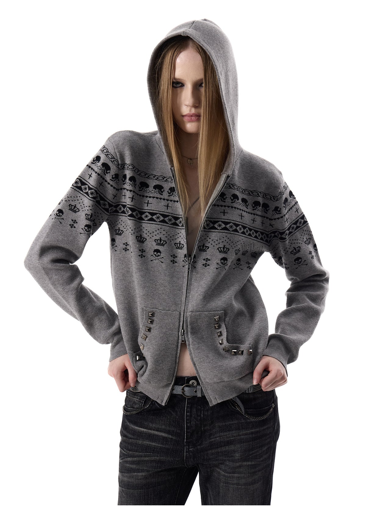 SKULL FAIR ISLE STUDDED KNIT JACKET