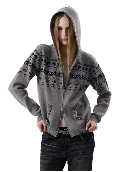 SKULL FAIR ISLE STUDDED KNIT JACKET