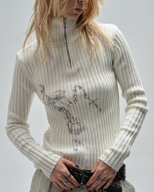 VERTICAL TEXTURE ZIP TURTLENECK TOP