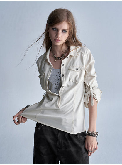 WASHED BUCKLE SLEEVE KNIT SHIRT