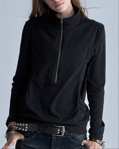 SHINY STAND COLLAR FAUX ZIP TOP