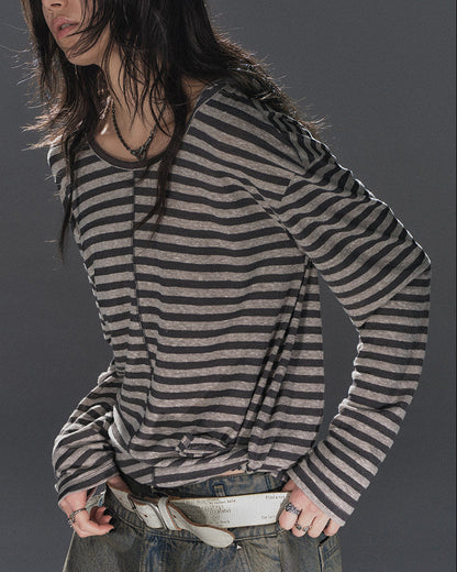 STRIPED HOODED TIE HEM TOP