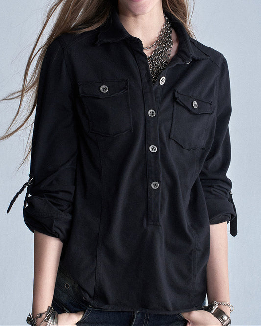 WASHED BUCKLE SLEEVE KNIT SHIRT