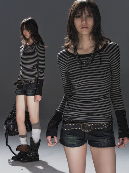 BUTTON CUFF STRIPED RAGLAN TOP