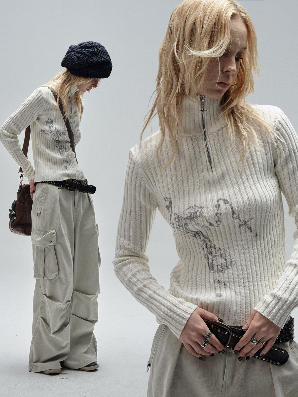 VERTICAL TEXTURE ZIP TURTLENECK TOP