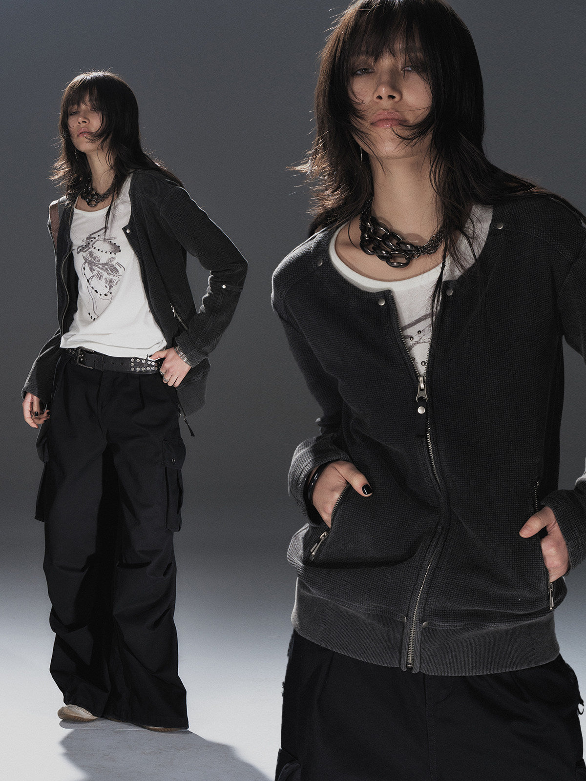 LOOSE CREW NECK WAFFLE JACKET