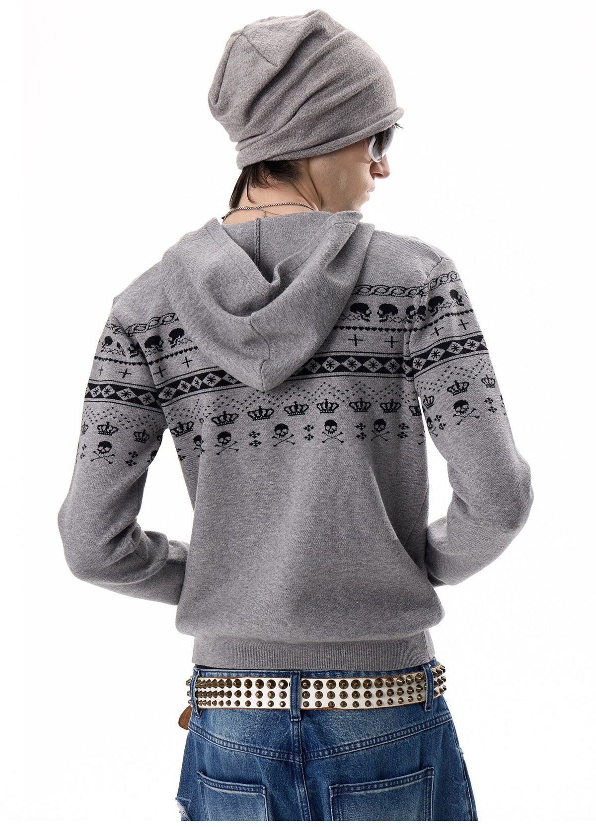 SKULL FAIR ISLE STUDDED KNIT JACKET
