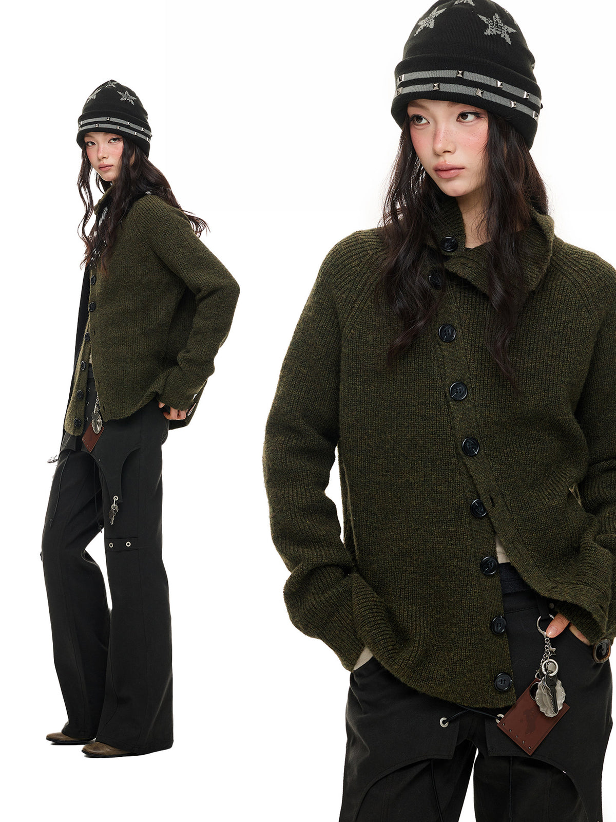 CROSSBODY KNIT STAND COLLAR CARDIGAN
