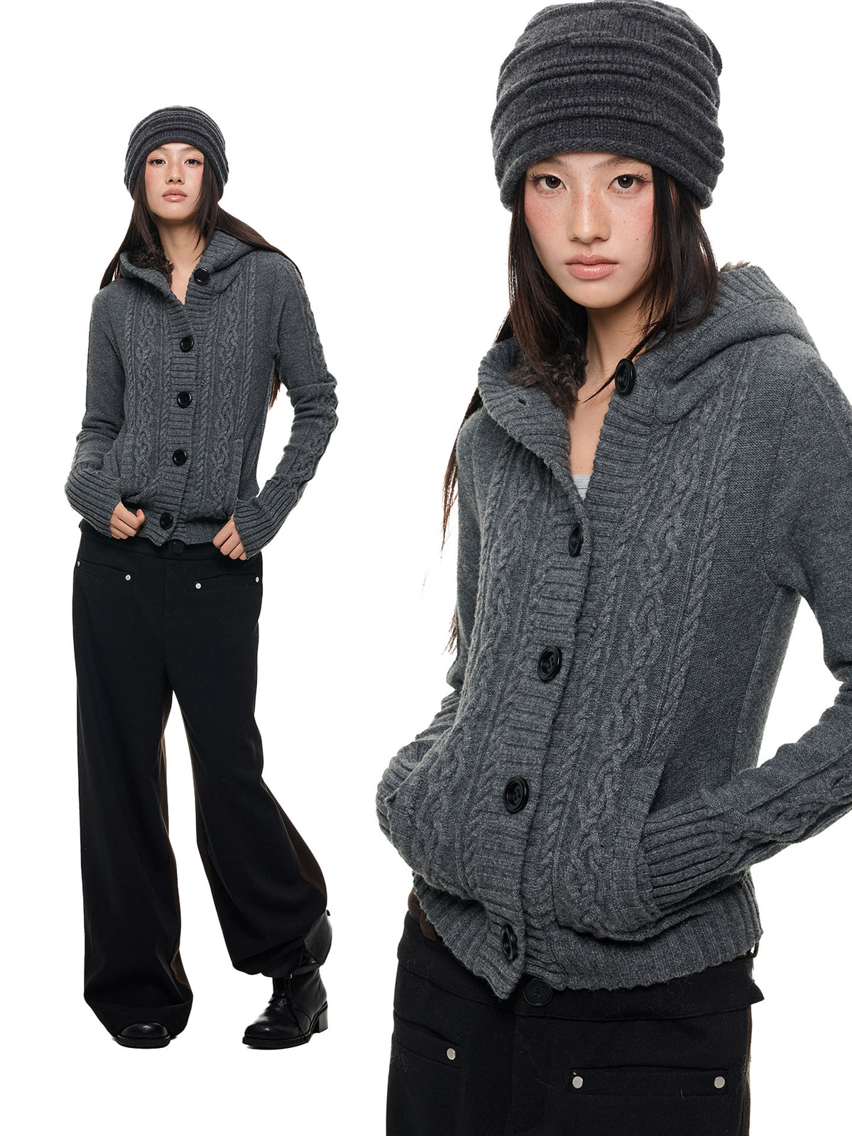 NOIR TWIST HOODED CABLE CARDIGAN