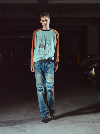 DARK WASHED DESTROYED STRAIGHT JEANS