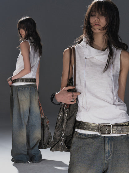 DRAWSTRING COLLAR SLEEVELESS TOP
