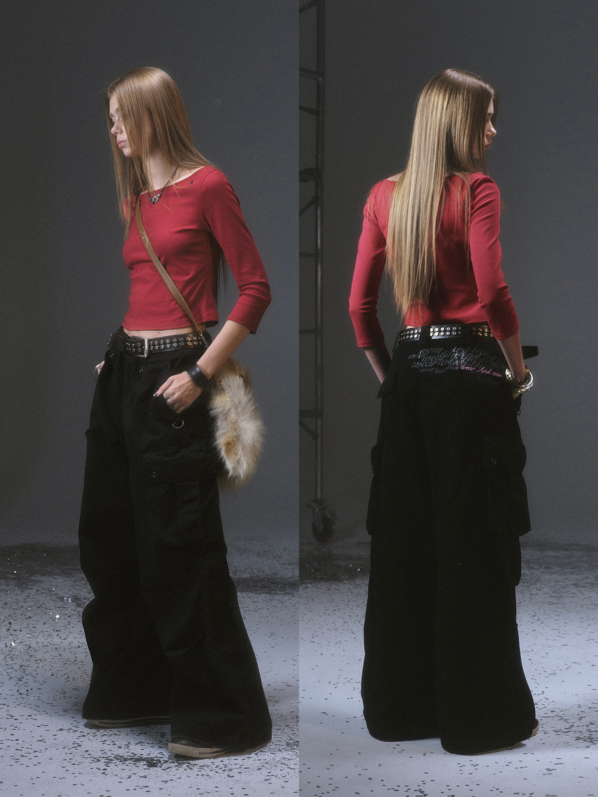STUDDED TWO-TONE METAL CARGO PANTS