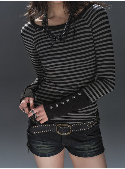 BUTTON CUFF STRIPED RAGLAN TOP