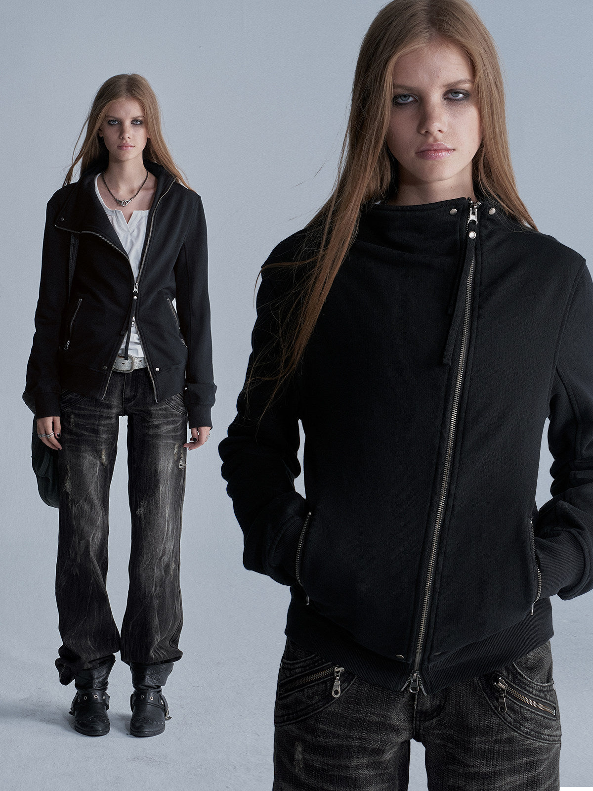 ASYMMETRIC ZIP STAND COLLAR JACKET
