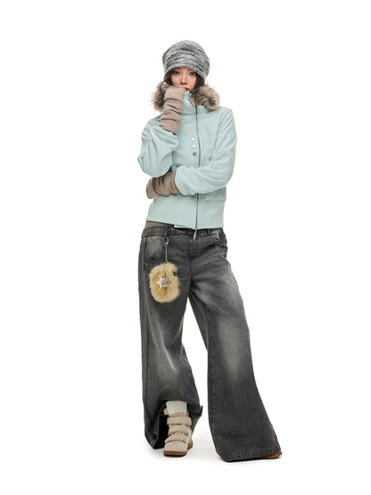 HEAVY FLEECE FUR COLLAR HOODIE