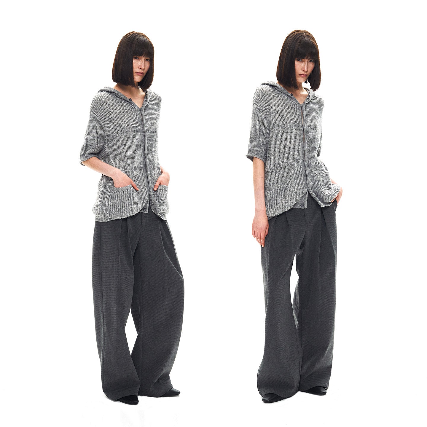 ASH GREY JACQUARD HOODED CARDIGAN