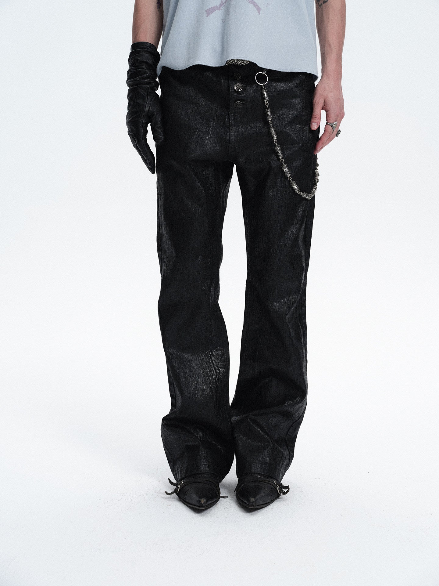 BLACK WAXED CRACKLE BOOTCUT JEANS