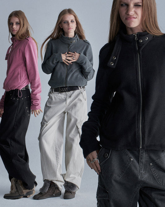 FLEECE DRAWSTRING HEM ZIP JACKET