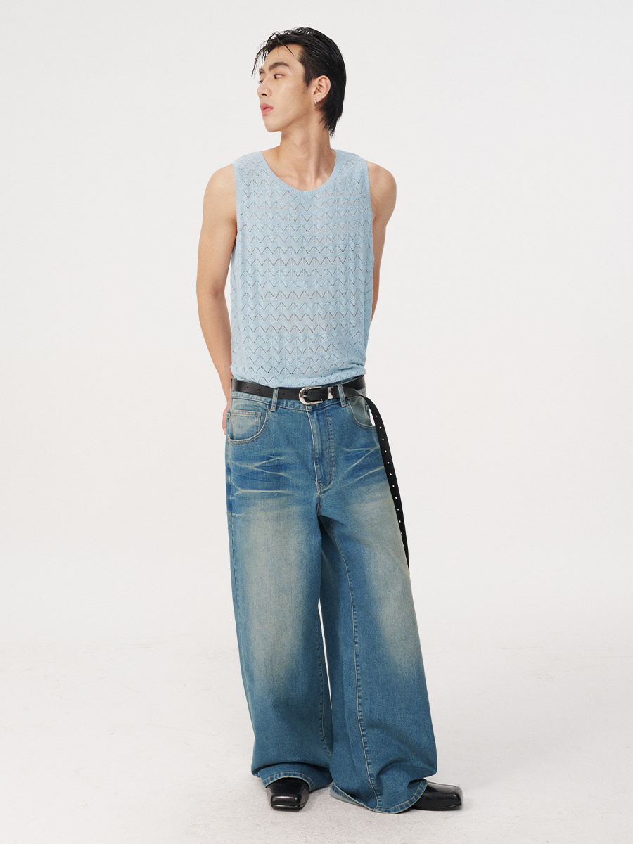 RIPPLE WASHED WIDE LEG JEANS