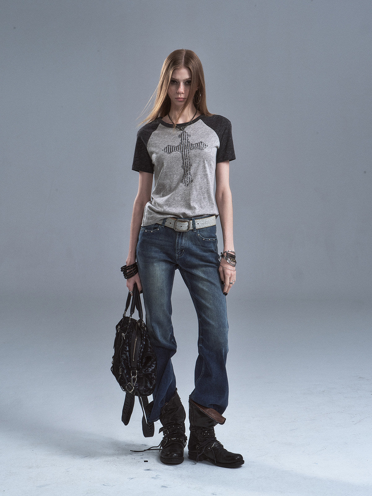 STUDDED CROSS RAGLAN TENCEL TEE