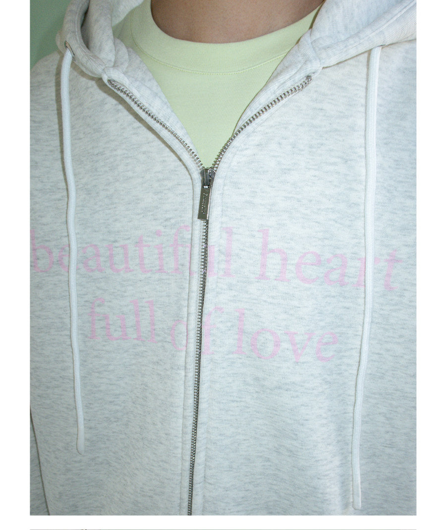 DOUBLE ZIP LOVE SLOGAN HOODED FLEECE JACKET