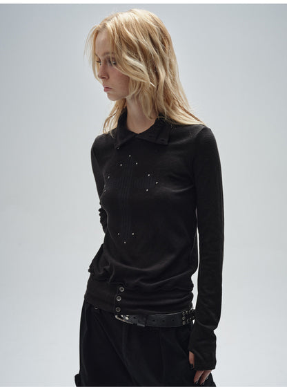 DARK PRINT RHINESTONE RAW-EDGE TOP