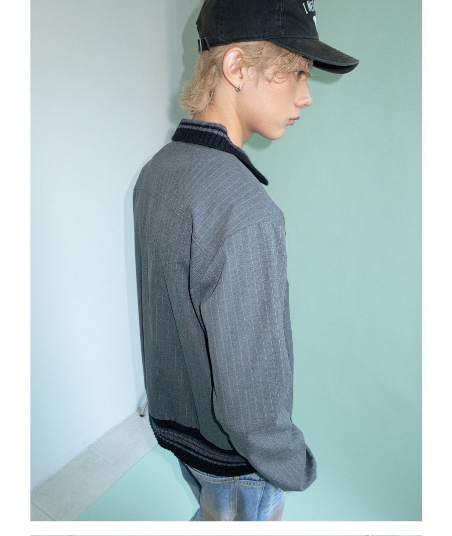 TEXTURED PINSTRIPE DOUBLE ZIP LAPEL CARDIGAN