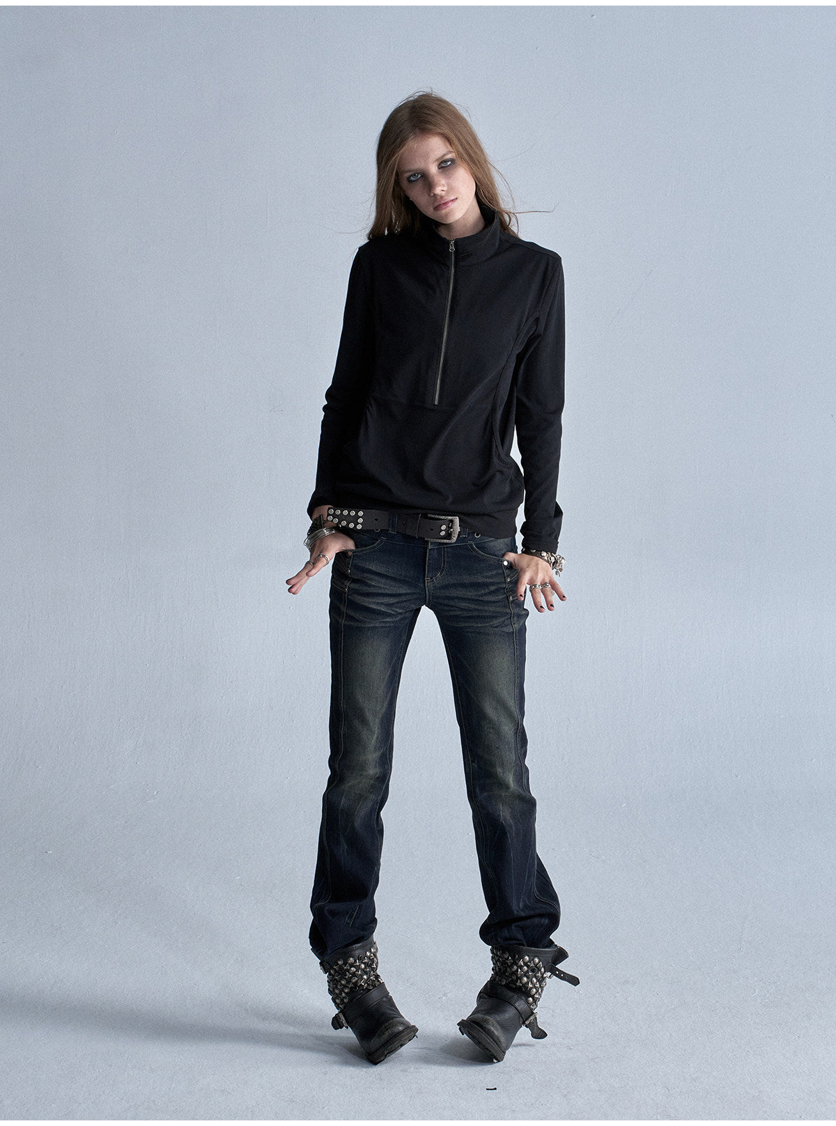SHINY STAND COLLAR FAUX ZIP TOP