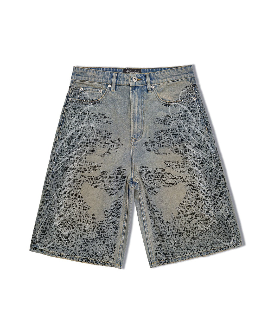 RHINESTONE LETTERING DENIM SHORTS