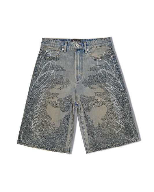 RHINESTONE LETTERING DENIM SHORTS