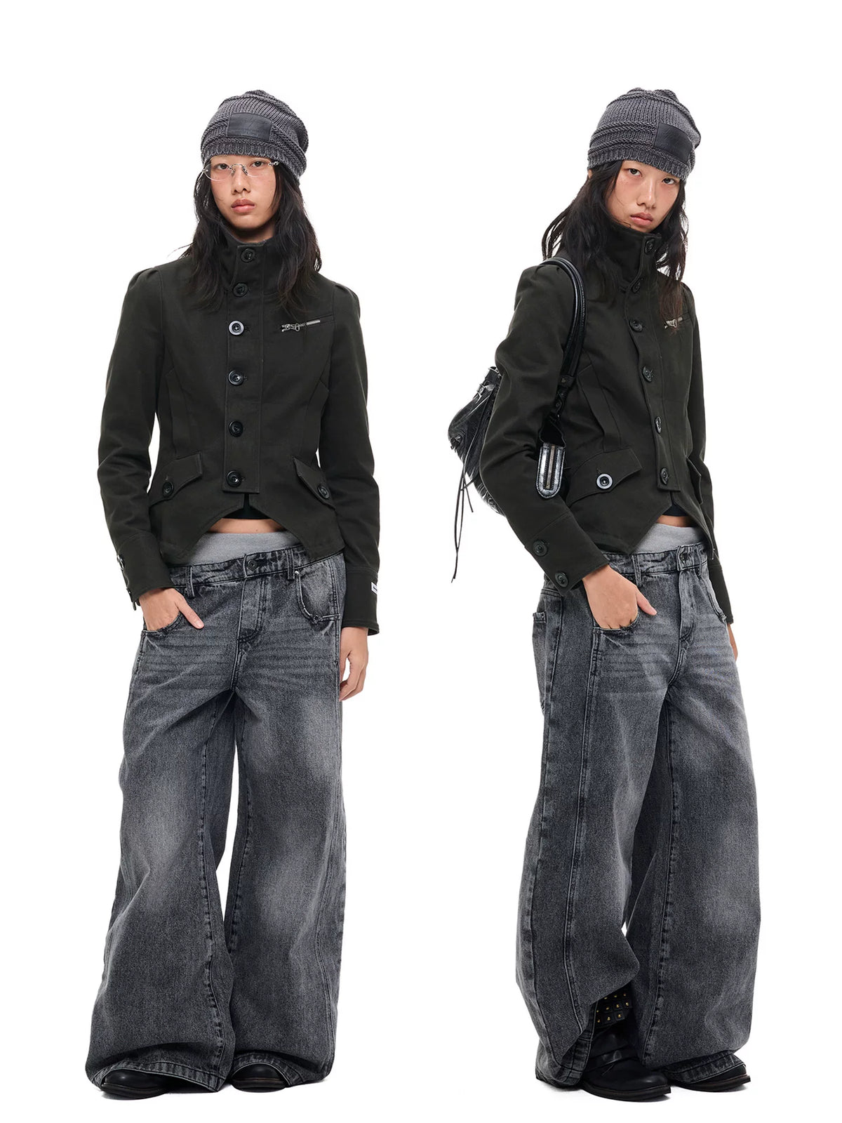 DECONSTRUCTED DOUBLE WAIST WIDE LEG JEANS