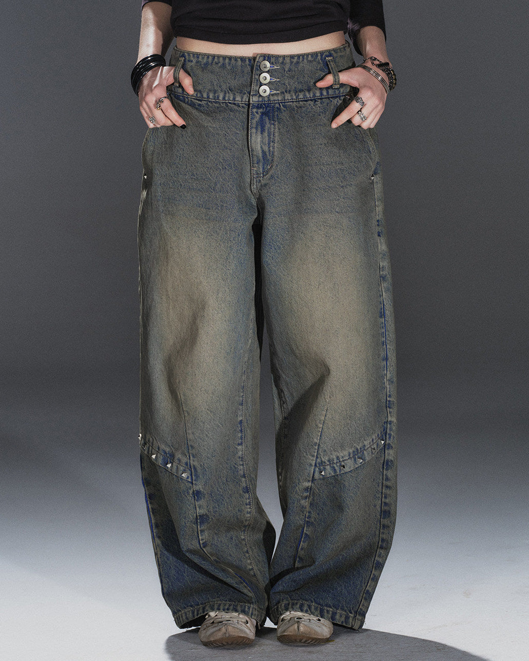DIRTY WASH RIVET WIDE LEG DENIM
