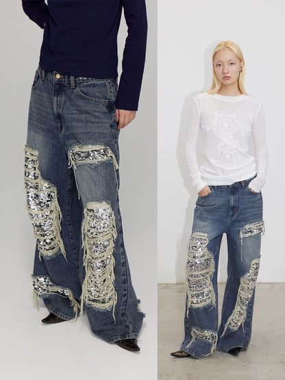 SEQUIN ACCENT DESTROYED JEANS