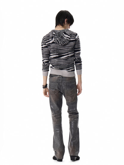 ZEBRA STRIPED V NECK KNIT HOODIE