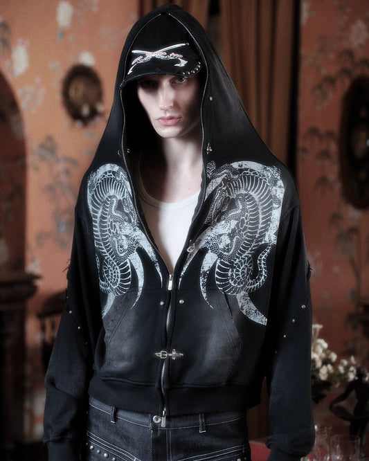 BOXY CUT FADED HOODIE WITH METAL FASTENERS